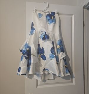 Strapless White Dress with Blue Floral Print